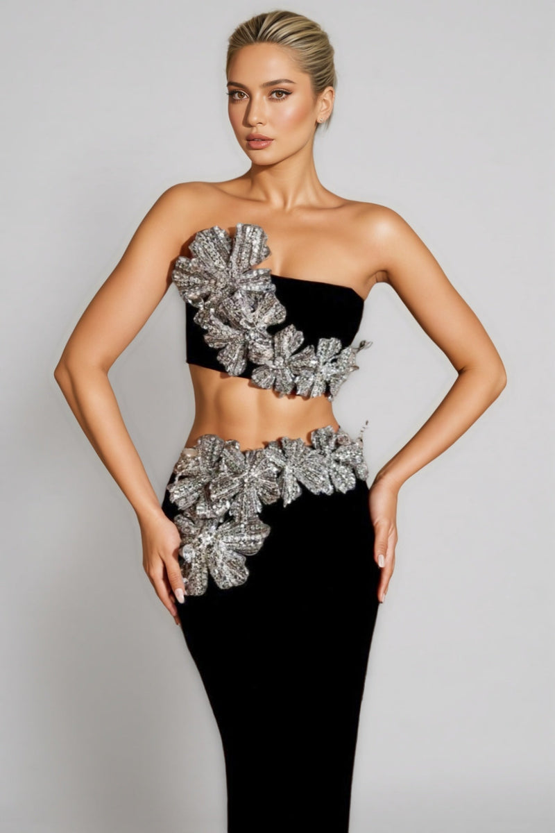 Elnia Diamanté Bustier Blouse Half Maxi Dress Set