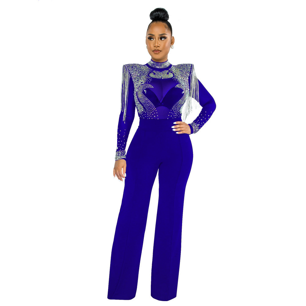 Slim Fit Turtleneck See Through Rhinestone Tassel Jumpsuit