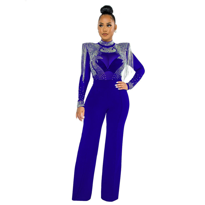 Slim Fit Turtleneck See Through Rhinestone Tassel Jumpsuit