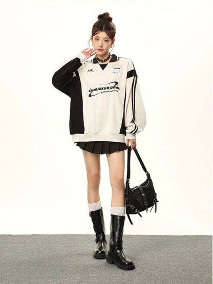 Polo Collar Long Sleeve Embroidered Sweatshirt