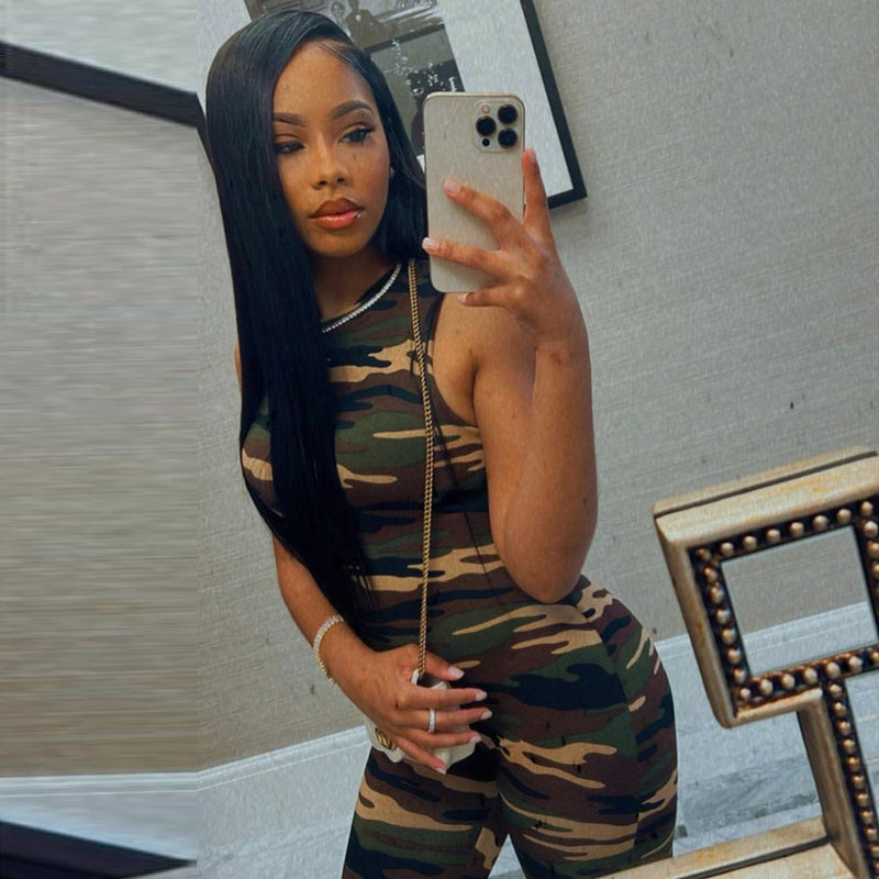 Autumn Winter Camouflage Round Neck One Piece Sleeveless Long Tight Jumpsuit