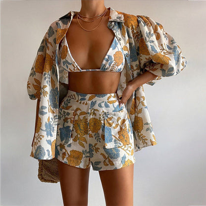 Spring Loose Printed Shirt Camisole Shorts Three Piece Set