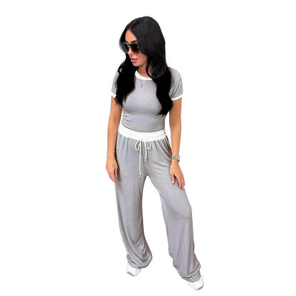 Spring Summer Round Neck Contrast Color Short-sleeved Clothing Wide Leg Pants Sports Suit