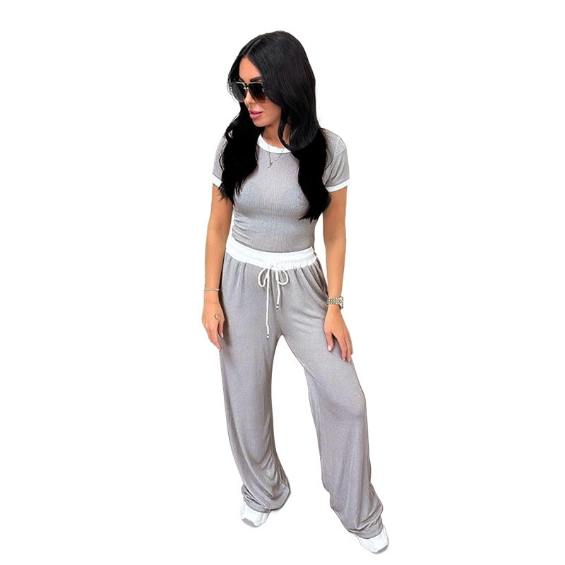 Spring Summer Round Neck Contrast Color Short-sleeved Clothing Wide Leg Pants Sports Suit