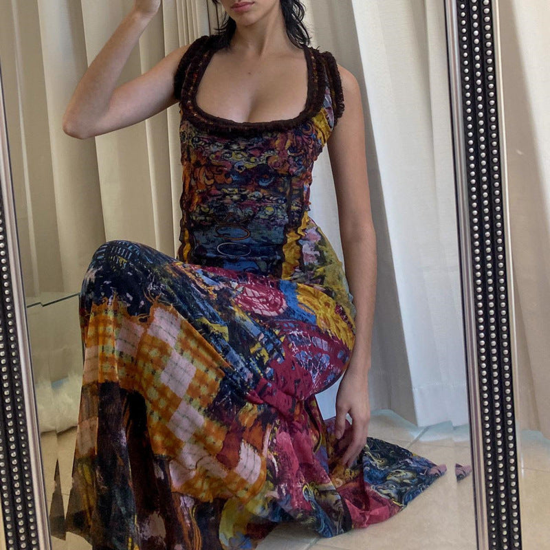 Clothing Summer Retro Tie Dyed Printed U Collar Slim Dress Maxi Dress