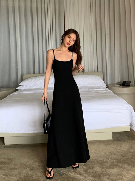 Summer Black Slimming Spaghetti Strap Maxi Dress