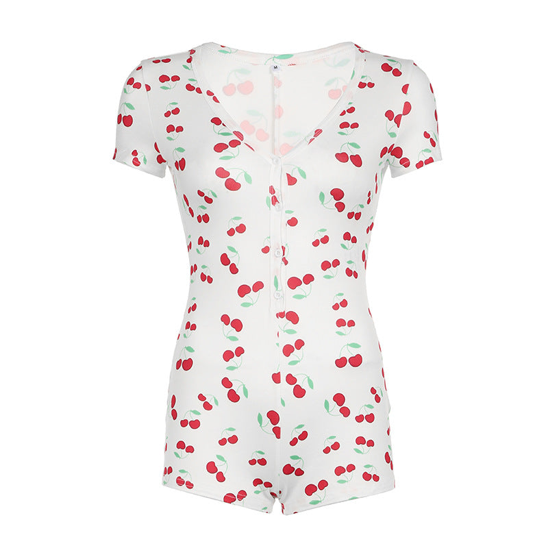 Cherry Short Sleeved Jumpsuit Tight Breasted Home Comfortable Romper