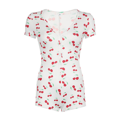 Cherry Short Sleeved Jumpsuit Tight Breasted Home Comfortable Romper