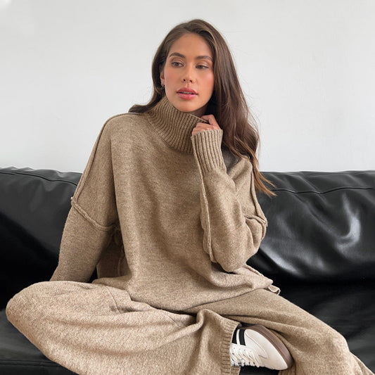 Turtleneck Sweater Suit Autumn Winter Loose Lazy Thickened Knitting Trousers Suit
