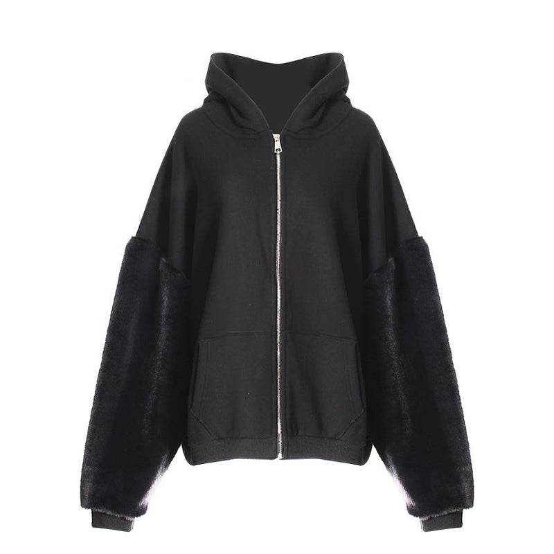 Winter Hooded Fleece Lined Furry Sleeves Sweatshirt Idle Loose Sleeve Length Cardigan Outerwear Top