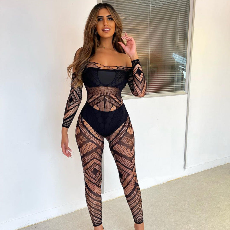 Summer Temptation Sheer Mesh Long Sleeve Sheath Jumpsuit