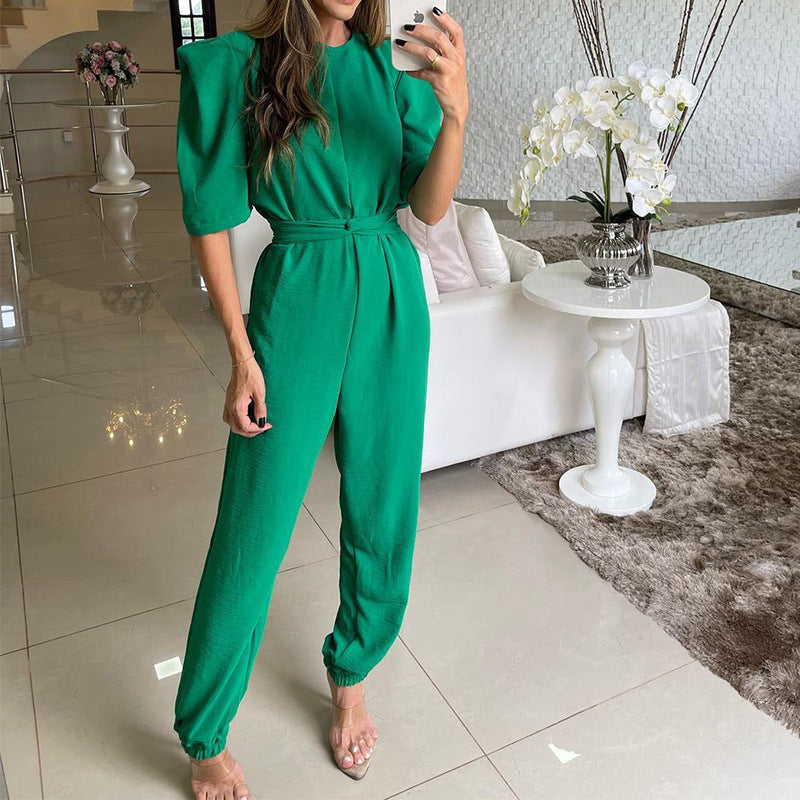 Spring Crew Neck Half Sleeve Color Skinny Jumpsuit