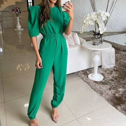 Spring Crew Neck Half Sleeve Color Skinny Jumpsuit