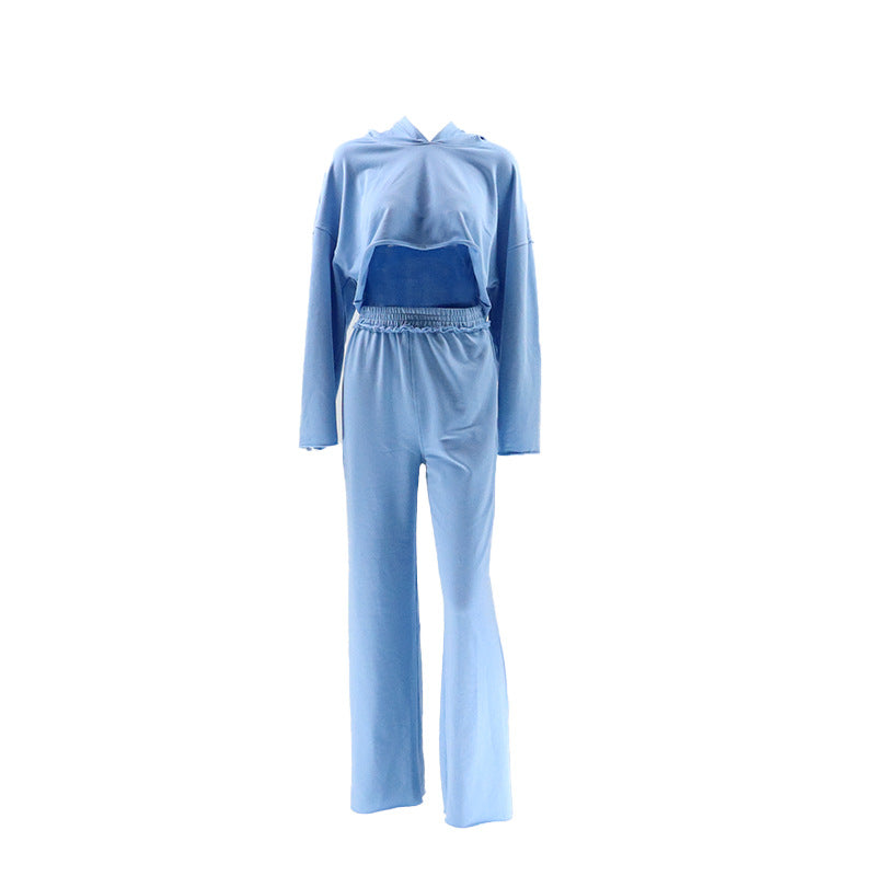 Short Cropped Hooded Long Sleeve Sweater Set Loose Split Elastic Waist Pants Loose Edge Wear Tide