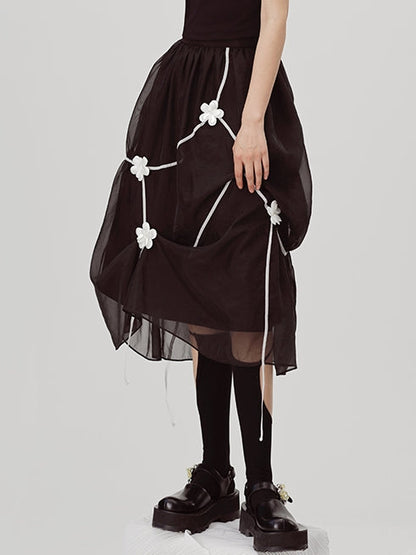 Black Embroidered Midi Skirt - Sheer Overlay Asymmetric Gothic Lolita Style