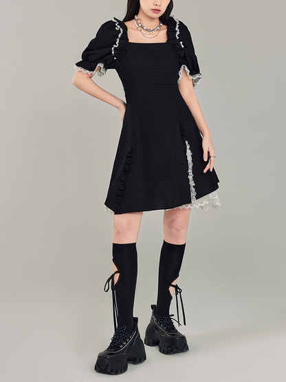 Puff Sleeve Black Square Neck Dress