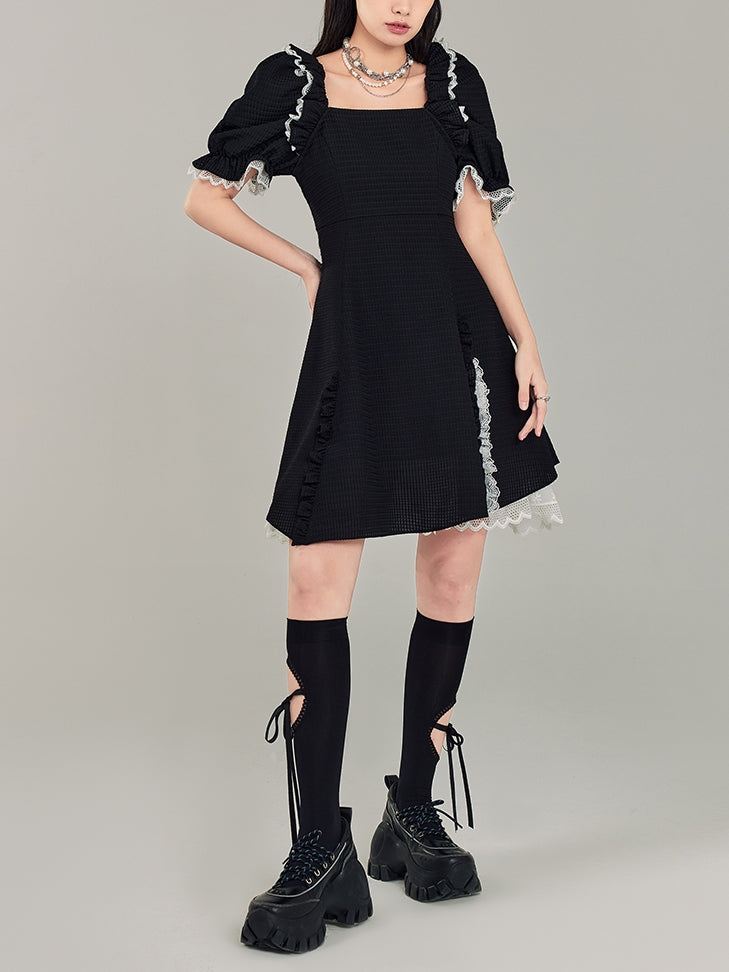 Puff Sleeve Black Square Neck Dress