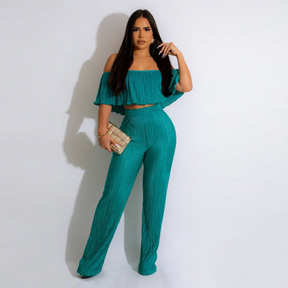 Clothing Popular Pleated Ruffled Off Shoulder Wide Leg Pants Suit