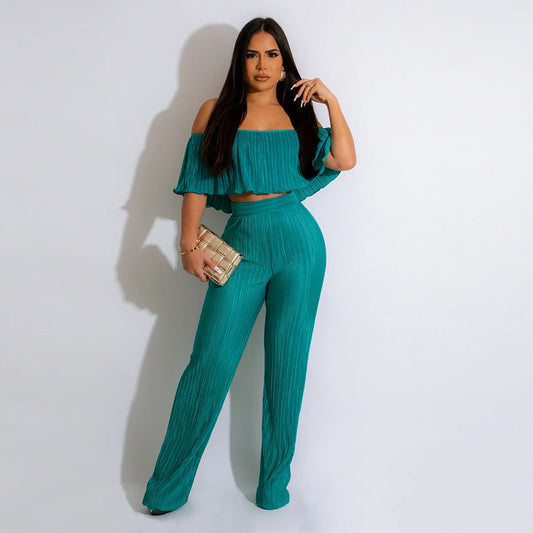 Clothing Popular Pleated Ruffled Off Shoulder Wide Leg Pants Suit