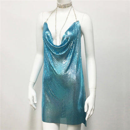 Metallic Coated Fabric Clothing Metal Sequ Dress Sweet Spicy Dress Rhinestone Cami Dress