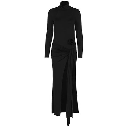 Autumn High Collar Backless Long Sleeves Jumpsuit Slit Dress