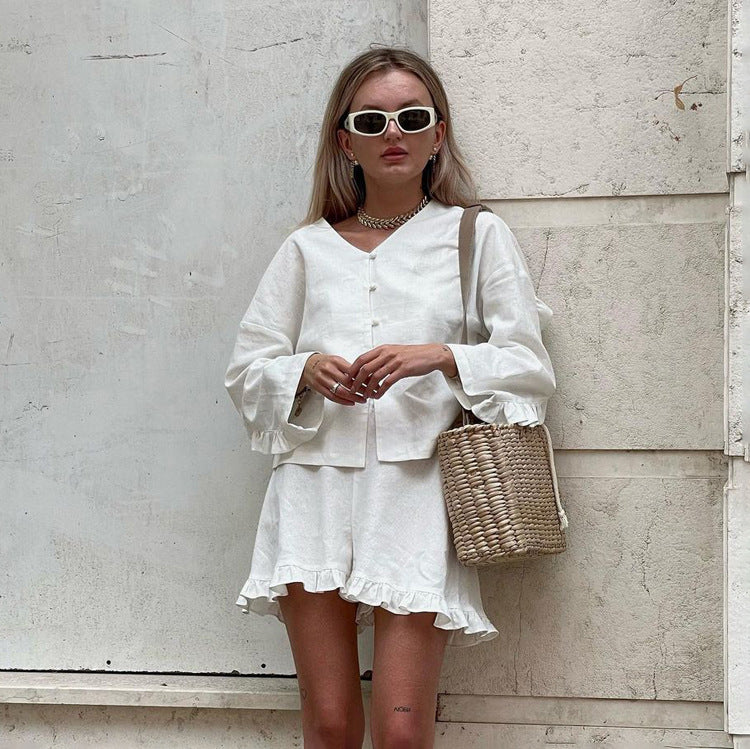 Clothing Summer Suit Beige Long Sleeve Loose Shirt High Waist Shorts Two Piece Set
