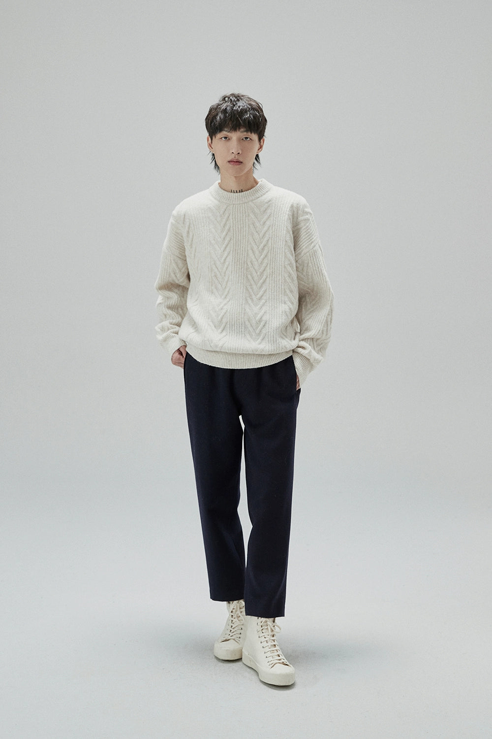 Cream Cable Knit Sweater With Chevron Pattern