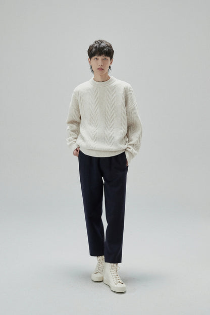 Cream Cable Knit Sweater With Chevron Pattern