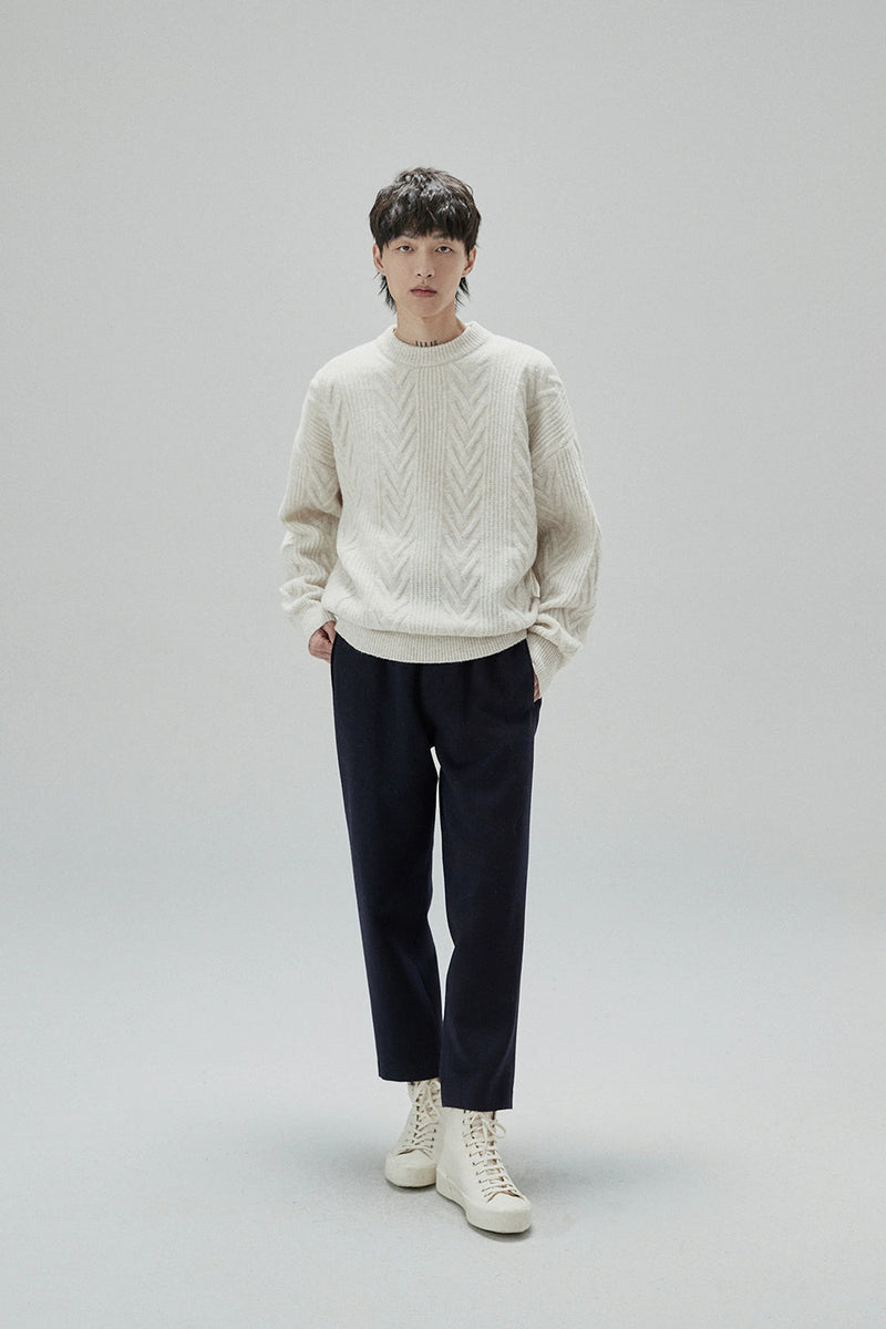 Cream Cable Knit Sweater With Chevron Pattern