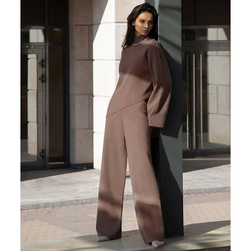 Half Turtleneck Irregular Asymmetric Sweater Suit Beveled Sweater Knitted Wide Leg Pants