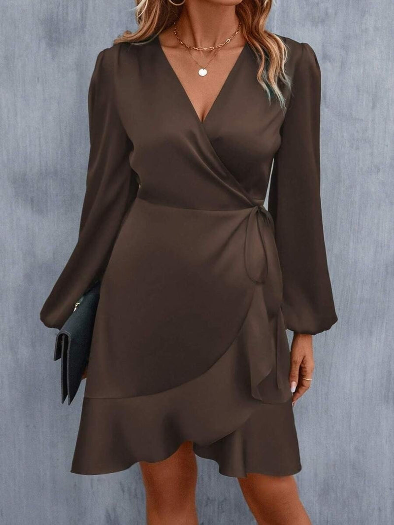 V Neck Dress Satin Waist Tight Low Cut Midi Dress Sweet Clothing