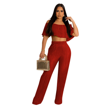Clothing Popular Pleated Ruffled Off Shoulder Wide Leg Pants Suit