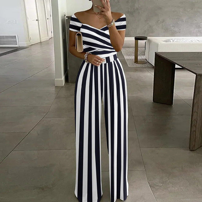 Spring Autumn Clothing Off Shoulder Printing Office Printed Waist Controlled Jumpsuit