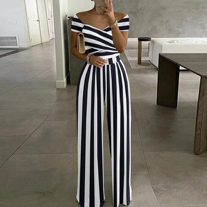 Spring Autumn Clothing Off Shoulder Printing Office Printed Waist Controlled Jumpsuit