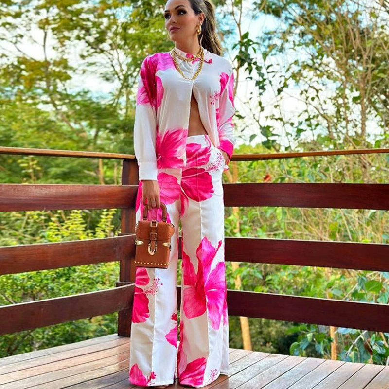 Suit Printed Shirt Spring Autumn Wide Leg Pants Two Piece Suit