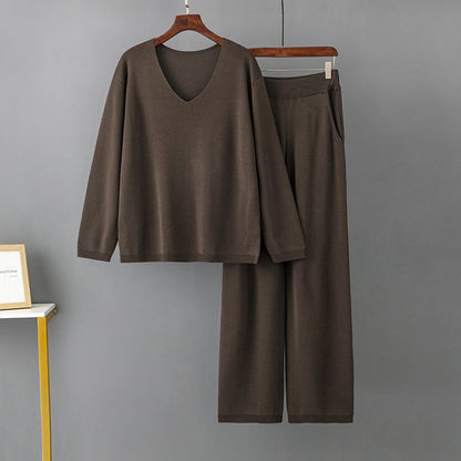 Color V Neck Ice Silk Suit Spring Autumn Loose High Waist Two Piece Sweater