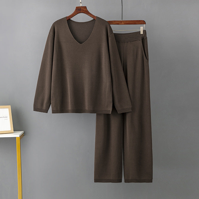 Color V Neck Ice Silk Suit Spring Autumn Loose High Waist Two Piece Sweater
