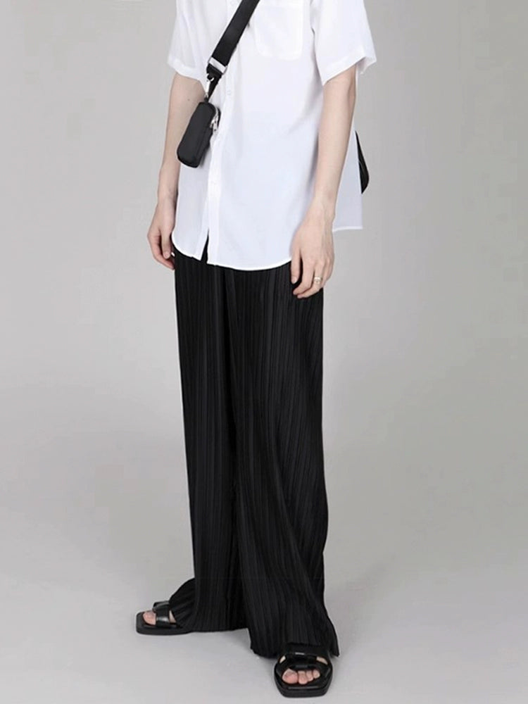 Ice Silk Pleated Wide-leg Pants With Draped Floor-length Design