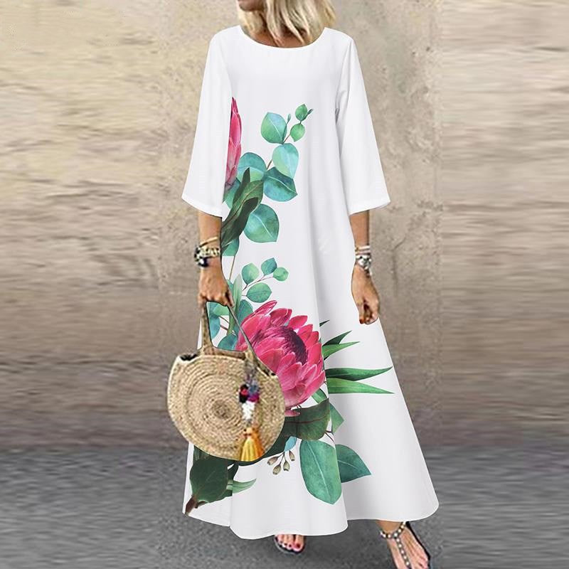 Mid-sleeve and Printed Long Dress