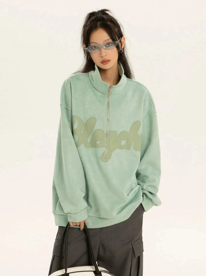 Oversized Suede Sweatshirt With Zipper Polo Collar