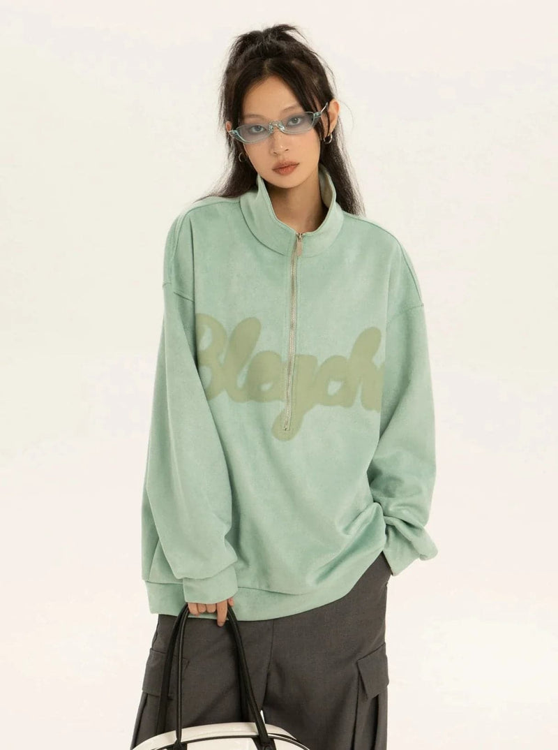 Oversized Suede Sweatshirt With Zipper Polo Collar