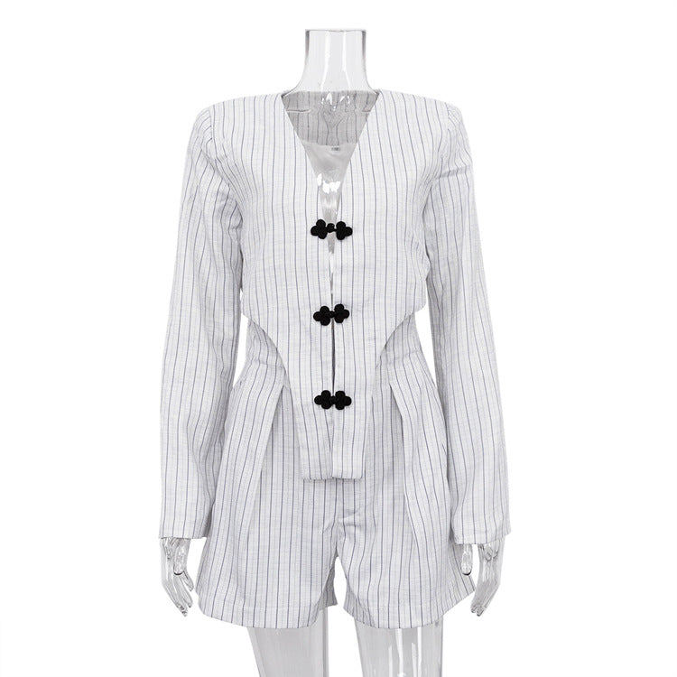 Spring Clothing Chinese Niche Design Long Sleeve Deep V Plunge Jacket High Waist Shorts Striped Set
