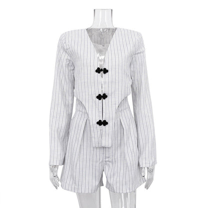 Spring Clothing Chinese Niche Design Long Sleeve Deep V Plunge Jacket High Waist Shorts Striped Set