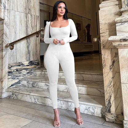 Winter Color Square Collar Pleated Long Sleeve Slim Fit Sports Yoga Jumpsuit