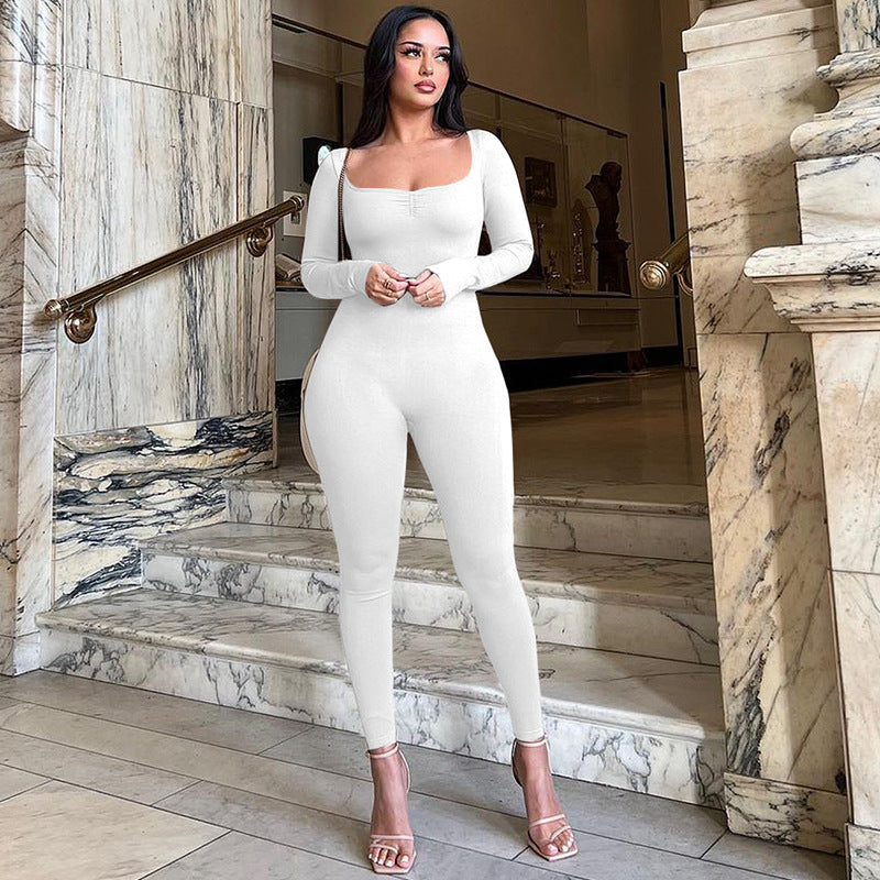 Winter Color Square Collar Pleated Long Sleeve Slim Fit Sports Yoga Jumpsuit