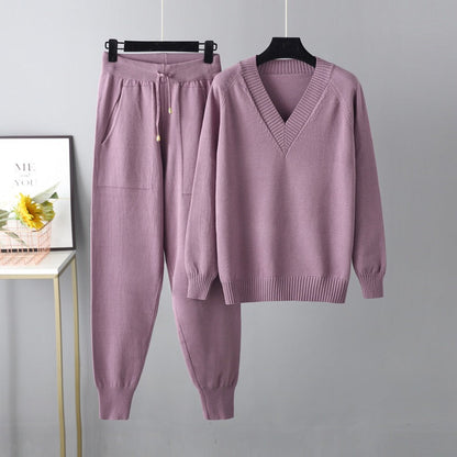 Autumn Winter Sweater Harem Pants Suit Russian Sweater Pullover Two Piece Set