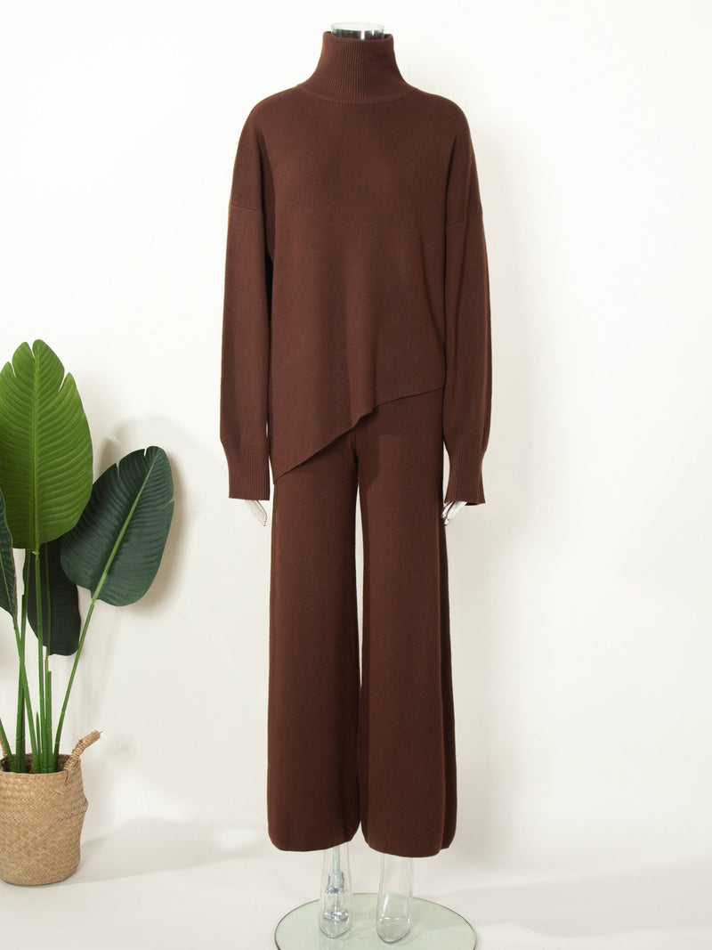 Half Turtleneck Irregular Asymmetric Sweater Suit Beveled Sweater Knitted Wide Leg Pants