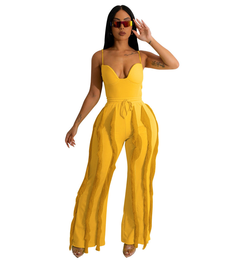 Clothing Suit Tassel Lace Sling Jumpsuit Two Piece Set Straight Leg Pants Summer