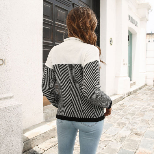 Twill Striped Color Matching Sweater Loose Autumn Winter Long Sleeve Knitwear Sweater