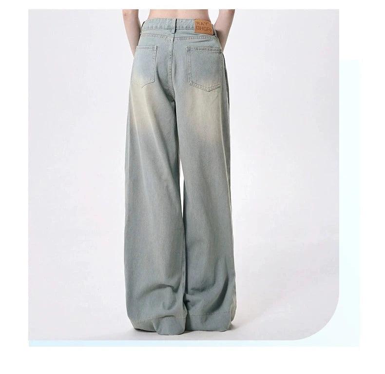 Rayohopp Ultra Wide-leg Denim Palazzo Pants - High-waisted Pleated Jeans With Faded Wash